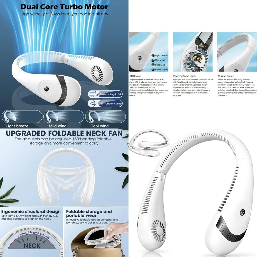 

Портативный перезаряжаемый вентилятор на шею емкостью 5000 мАч с 3 скоростями, LED-дисплеем для использования на улице, в путешествиях и в офисе - белый