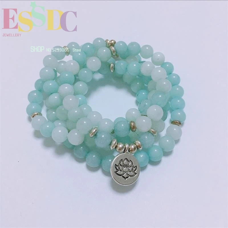 

ESSDCW Wholesale Fashion Women's Natural 8mm Amazonite Beads Bracelet 108 Mala Long Yoga Healing Necklace with Lotus Pendant