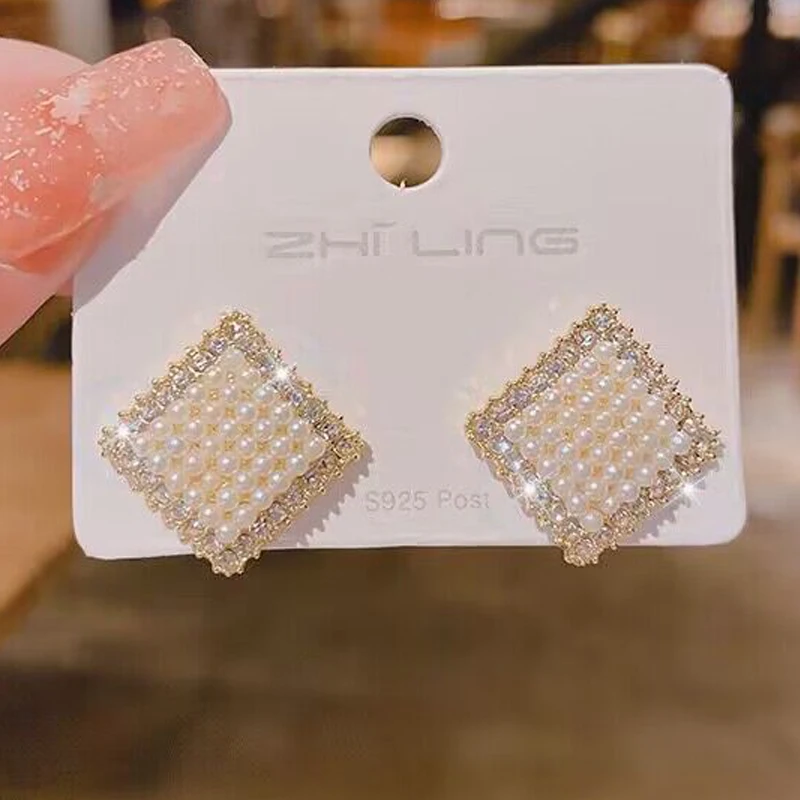Trendy Rhombus Stud Earrings Crystal Imitation Pearl Square Geometry Sweet Cute Women Earrings Wedding Party Jewelry Wholesale
