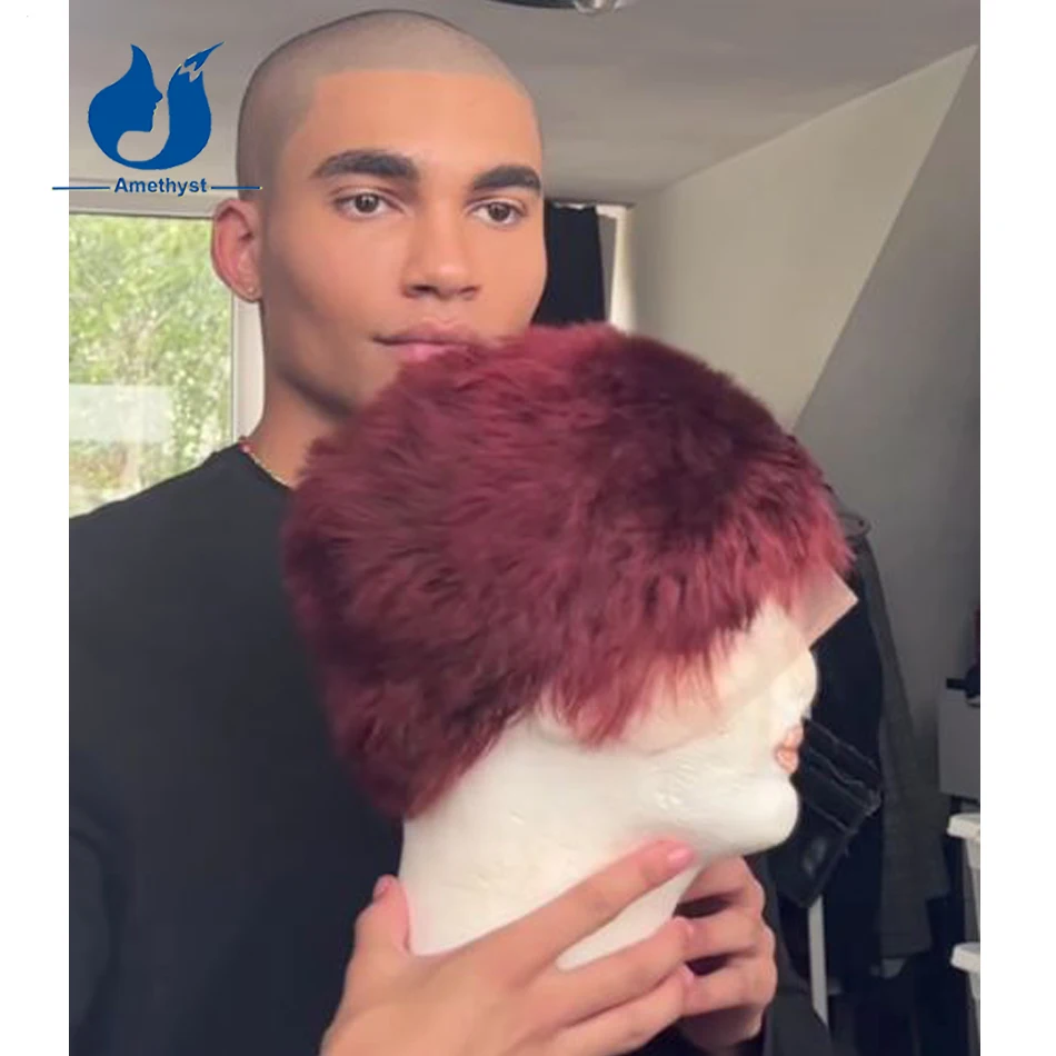 Amethyst Red 99J Buzzcut Short Human Hair Wig for Men Pre Styled Full Lace Wig with Sideburns Brazilian Remy Male Burgundy Hair