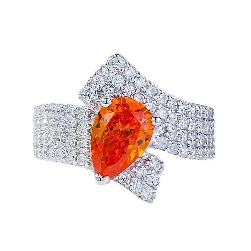 2 Carat Orange Micro Set Full Diamond Ring 6 * 9 Pear shaped Orange Ring S925 Silver Ring