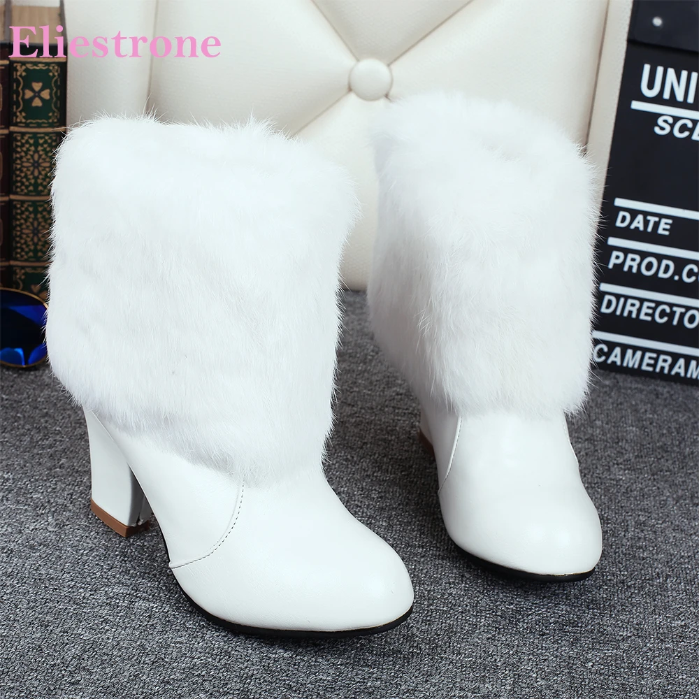 

Новые зимние модные белые розовые женские ботильоны, популярные женские туфли на высоком квадратном каблуке 8 см, маленькие большие размеры 10, 31 43 44