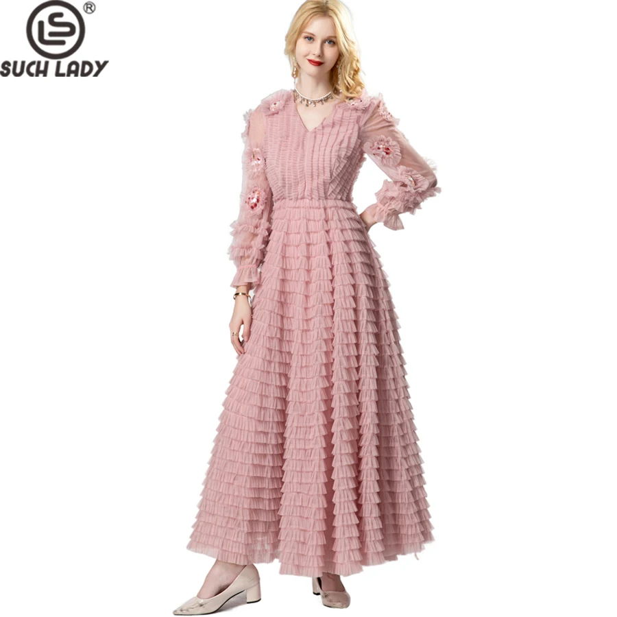 Vestido feminino sexy com decote em v mangas compridas apliques em camadas babados elegante moda festa de formatura vestidos