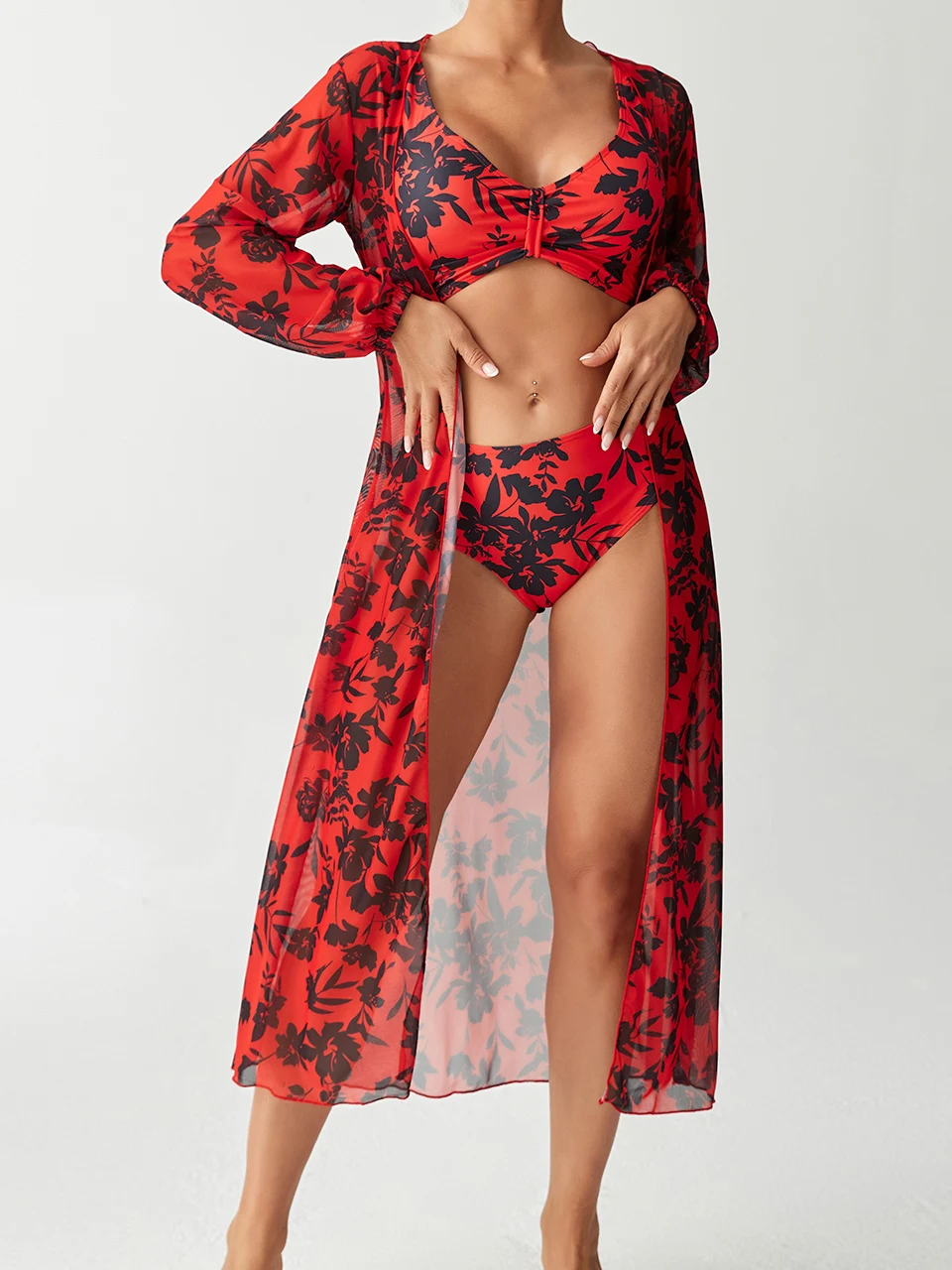 3-teiliger Bikini mit hoher Taille und Kimono-Badebekleidung 2026 Damen bedruckter Badeanzug weibliche Badegäste Baden Schwimmen Badeanzug Beachwear