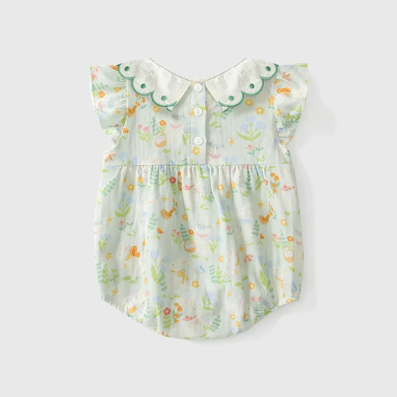 MINISO ฤดูร้อนเด็กสาว Pastoral ลูกไม้กระพือสามเหลี่ยม Romper ผ้าฝ้ายทารกแรกเกิดนุ่มสวมใส่ทุกวัน 0-1 ปี Bodysuits