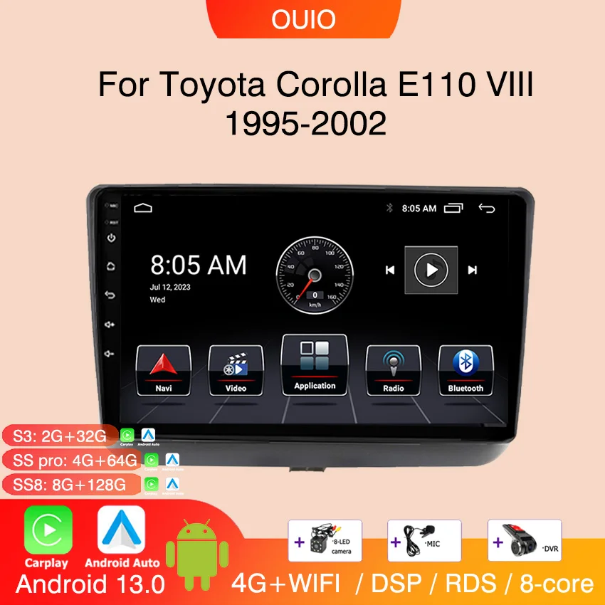 

4G Android 13 Radio For Toyota Corolla E110 VIII 1995-2002 Right Wheel Car stereo Multimedia Player Carplay Auto GPS navigation