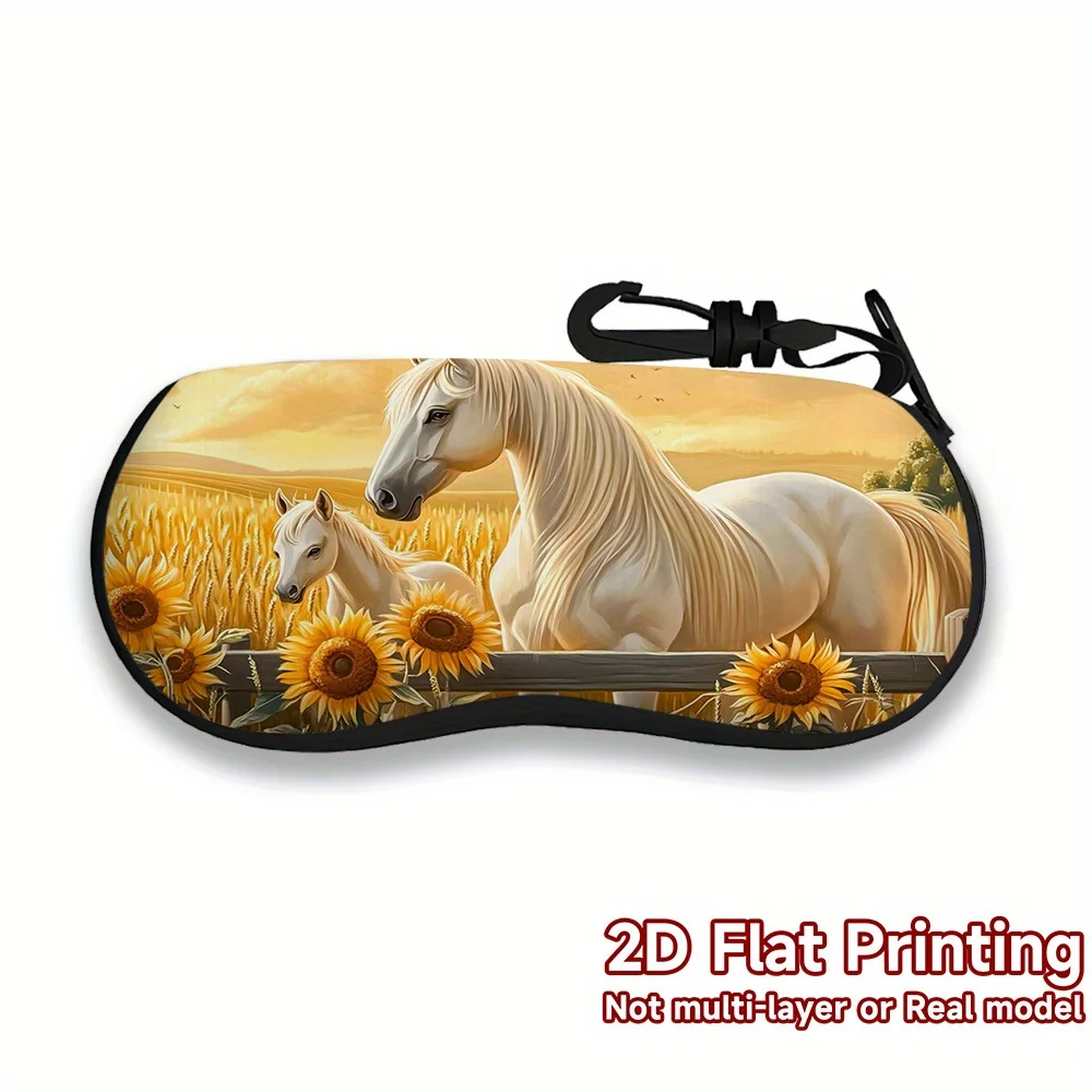 

1 шт., яркий футляр для очков с изображением лошадей, подсолнухов и пшеницы, идеально подходит для портативной сумки для хранения, простые защитные аксессуары для очков