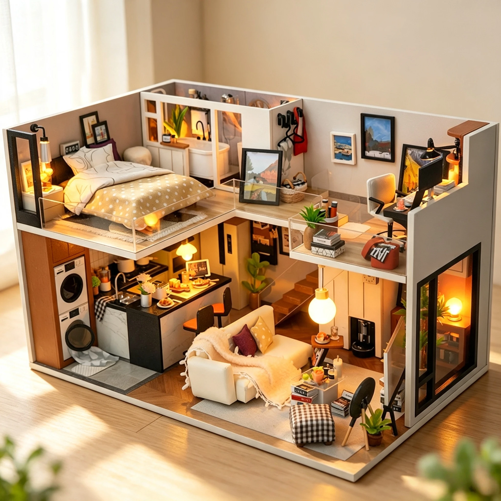 DIY Wooden Modern Loft Cottage Miniature Dollhouse 3D Puzzle Assembly Model Kits for Adults Birthday Gifts Toys Home Decor
