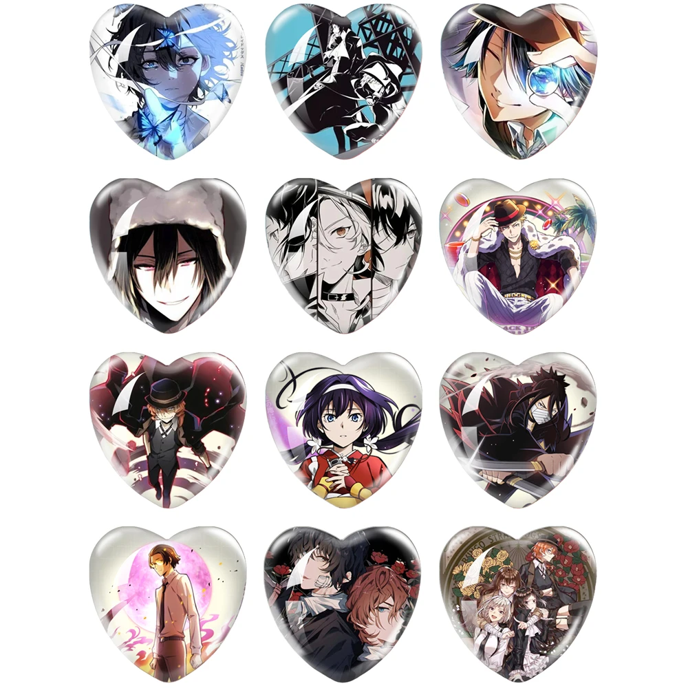 Anime Bungo Stray Dogs Cartoon Cosplay 16mm-40mm Heart Photo Glass Cabochon Demo Flat Back Making Findings 12pcs/set