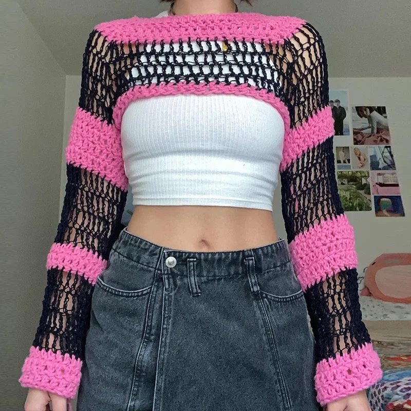 Y2K Striped Hollow Out Crop Top Sexy Hip Hop Gothic Women Clothes Vintage Full Sleeve Retro Smock Top Grunge Crochet Tee Beach