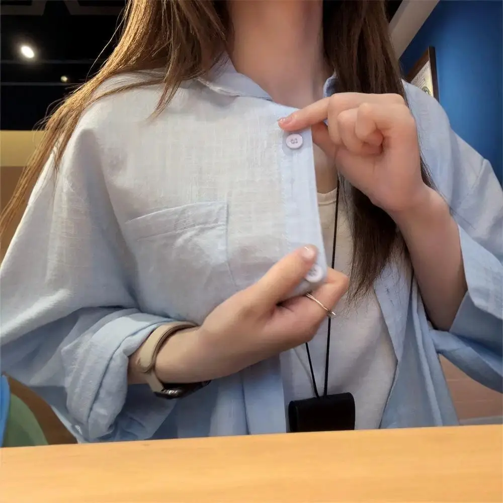 French Lazy Blue Cotton Linen Women's Summer Loose Long Sleeve Casual Sun Protection Open Cardigan Shirt Casual Style