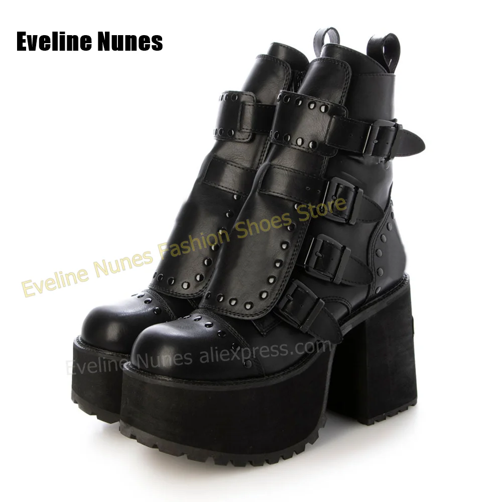 Y2K Gothic Punk Platform Ankle Boots Rivet Buckle Block High Heel Shoes Chunky Sole Booties Street Style Party Wear 2026 Trend