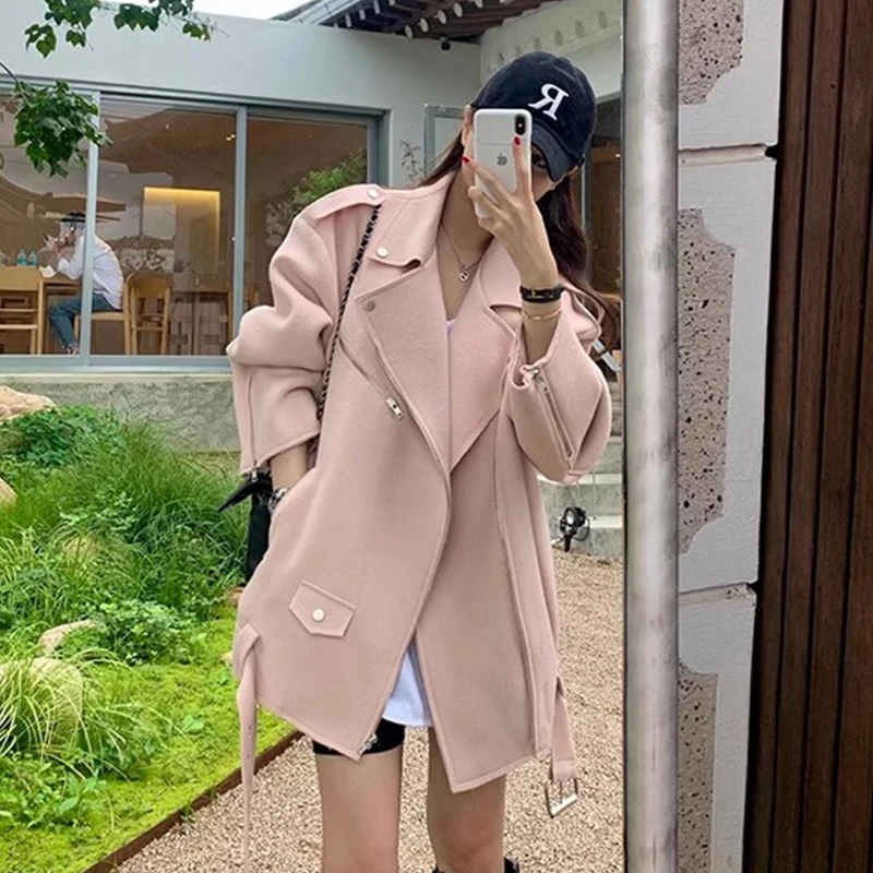 

Шикарное осенне-зимнее милое антивозрастное шерстяное пальто с лацканами на молнии, свободное универсальное цветное длинное байкерское пальто све для женщин