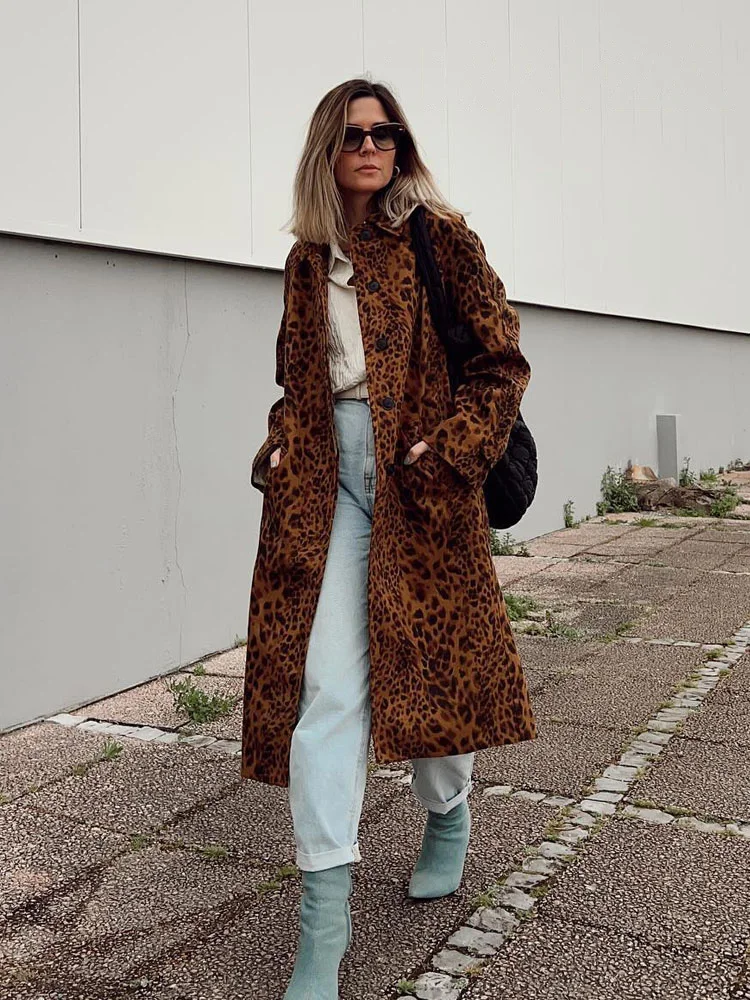 

HH женская модная куртка с леопардовым принтом и лацканами, женское винтажное свободное тонкое пальто с длинными рукавами и прикрытой пряжкой