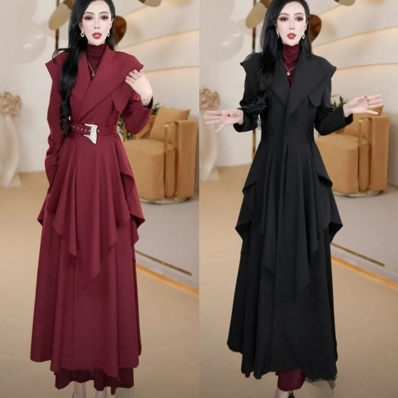 

Long Women's Coat Outerwear Knee-Length Ele Briti Sle Spring New Faionable Overcoat Simple Sli Polyester Fiber