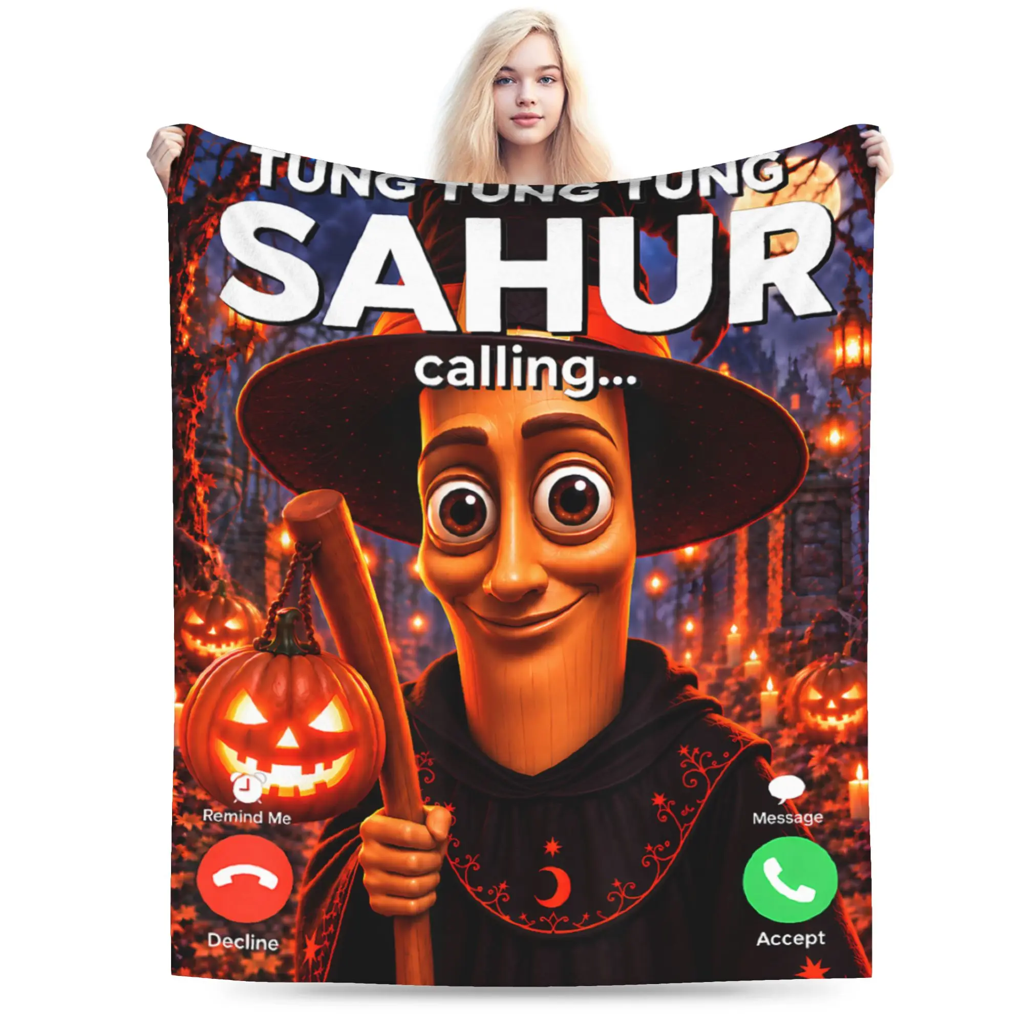 Tung Tung Sahur Calling Halloween Funny Meme Brainrot Blanket Warm Bedding Throws Winter Adults Living Room Travel Bedspread