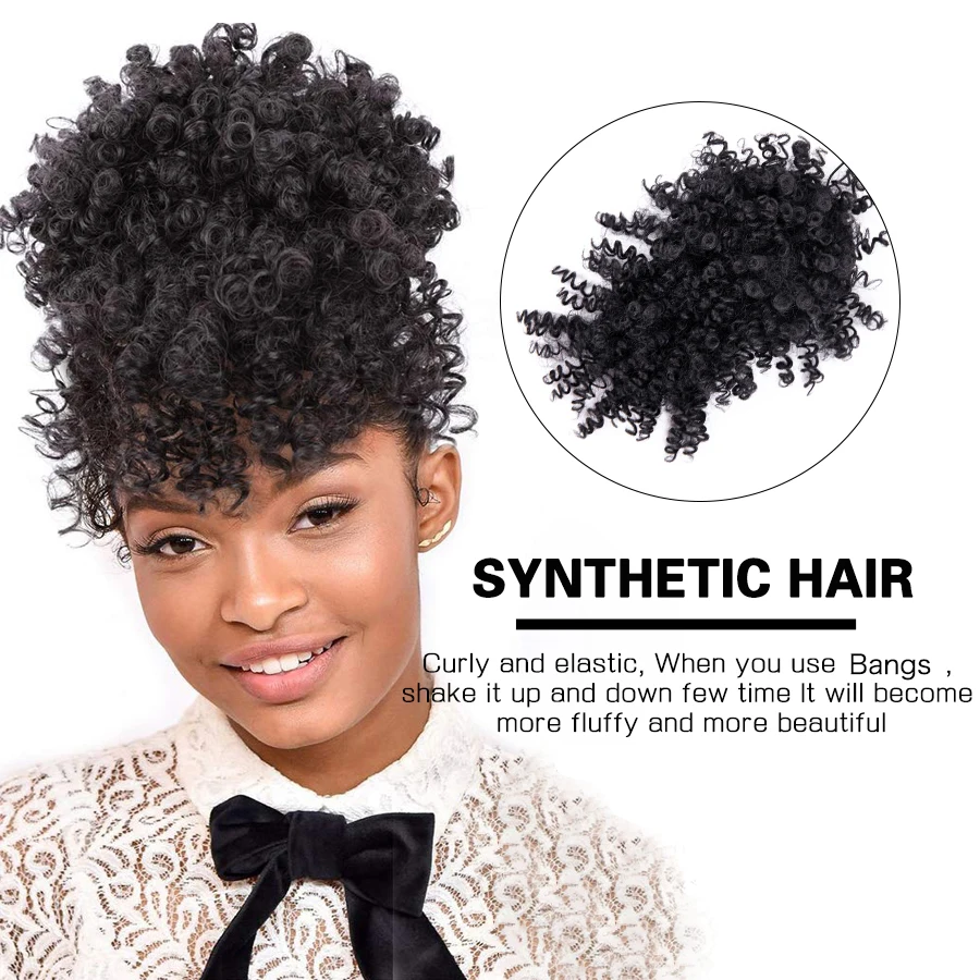 Leeons New Synthetic Afro Kinky Curly Hair Bangs Puff Hair Bun Drawstring Ponytails Clip On Hair Extension Updo Pineapple Fringe