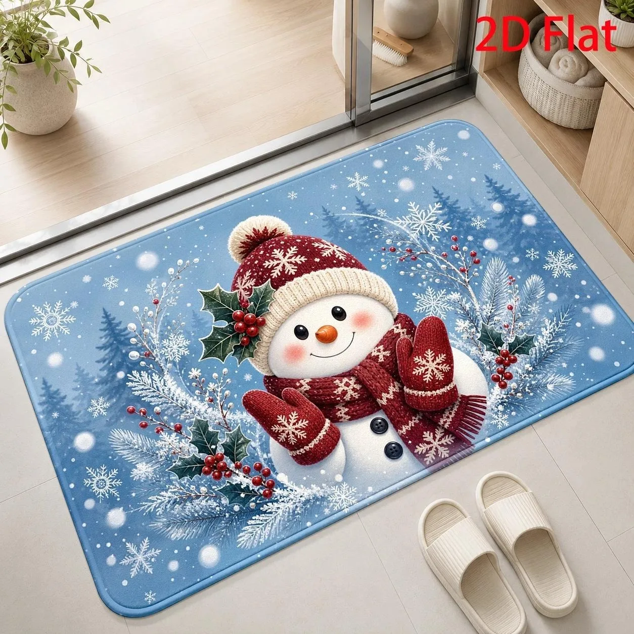 Festive Xmas Door Mat Lovely Snowman Holly Berry Snowflake Print For Front Entrance Hallway Indoor Home Decoration Floor Carpet