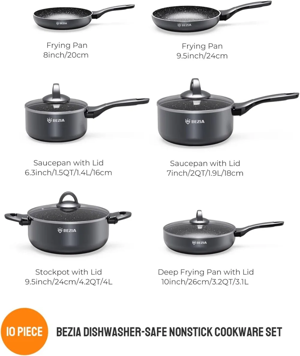 Induction Cookware Pots and Pans Set 10 Piece, BEZIA Dishwasher Safe Nonstick Cooking Pans, Stay-Cool Bakelite Handle, Scratch