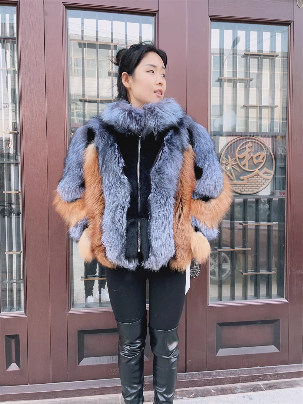 Silver Short Fox Fur Jacket With Collar Women Luxury Long Sleeves Plus Size Vest Female Genuine Thick Red Fox Fur Coat Winter