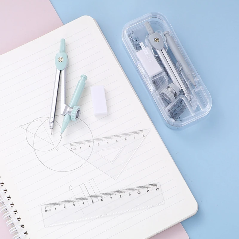 Portable Compass Kit with Protractor Triangles Ruler Mechanical Pencil Eraser