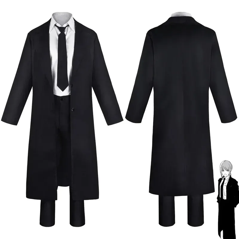 Makima-Disfraz de motosierra de Anime para hombre, gabardina negra, camisa, pantalones con lazo, peluca Makima, uniforme largo trenzado rojo claro para hombre y mujer