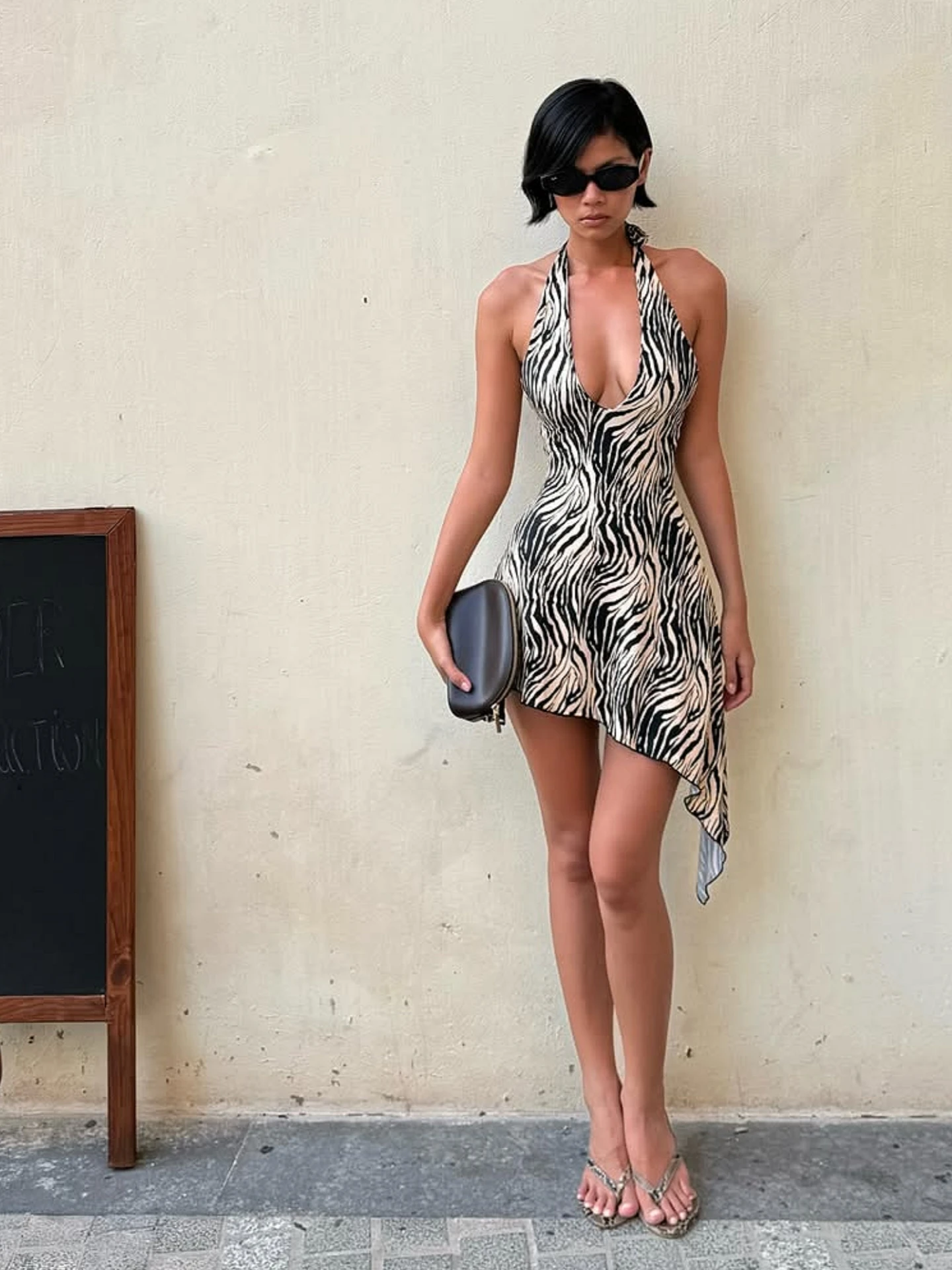 Dulzura Women'S Sexy Backless Lace Up Irregular Zebra Stripes Mini Dress Fashion Elegant Halter Dress Party Club Summer Clothes