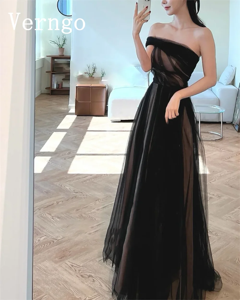 Verngo Black Tulle Prom Gown Simple A Line Evening Dress 2024 Women One Shoulder Party Dress Korea Prom Dress