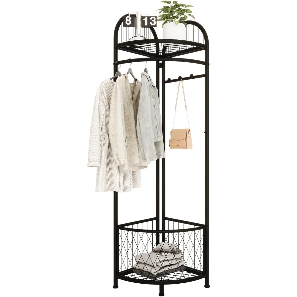 XIV Corner Hall Tree, Corner Coat Rack with Storage, Metal Corner Clothes Rack for Bedroom Entryway, Multifunctional