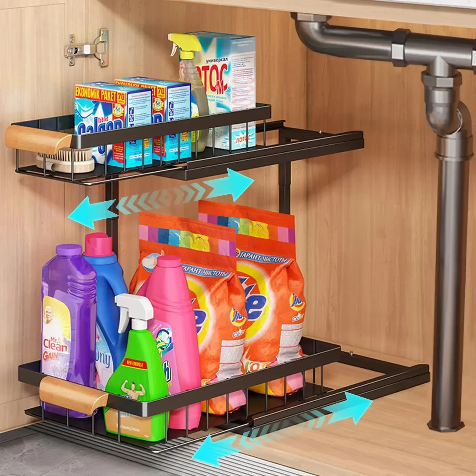 2 Tier Under Sink Organizer,Metal Pull Out Kitchen Cabinet Organizer with Sliding Drawer,Sturdy Kitchen Multi-Functional