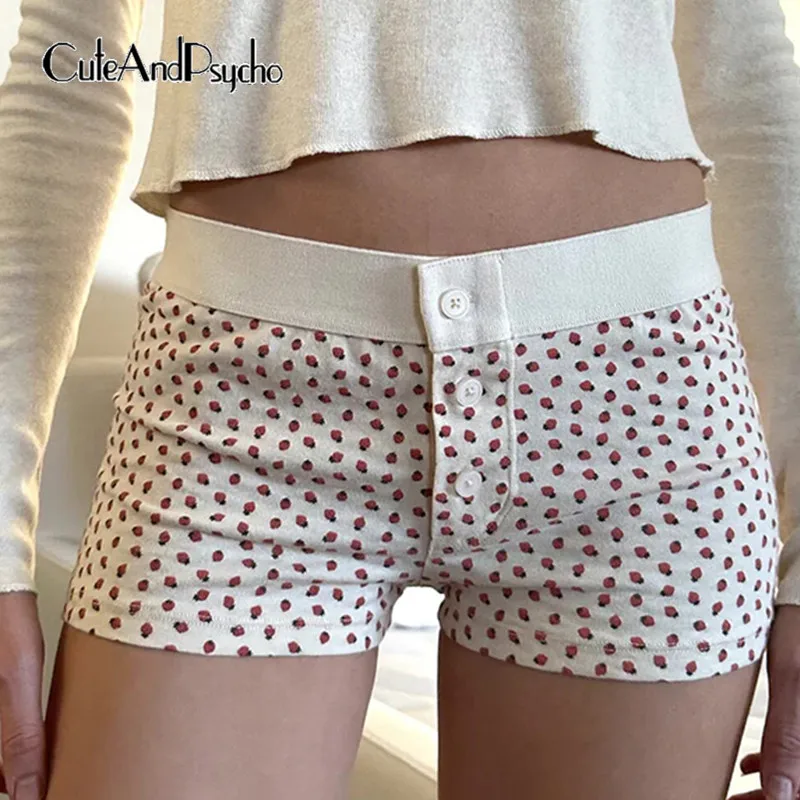 

Cuteandpsycho Sweet Strawberries Print Shorts Chic Low Waist Button Short Pants Y2K Casual Aesthetic Fashion Slim Cute Bottoms