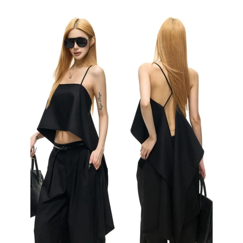 Women Luxury Satin Cami Backless Cross Strap Irregular Hem Crop Camisole Street Daily Club S XS XL