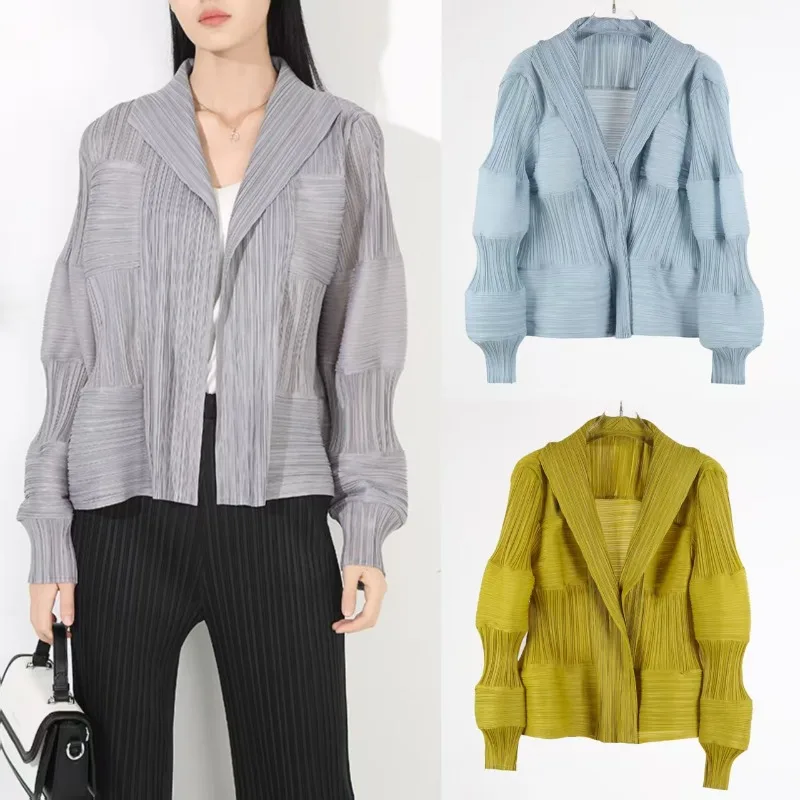 

Miyake Pleated Cardigan Long-sleeved Jacket Women's Fall New Lapel Lapel Versatile Casual Bud Top Simple Loose Women's Clothing