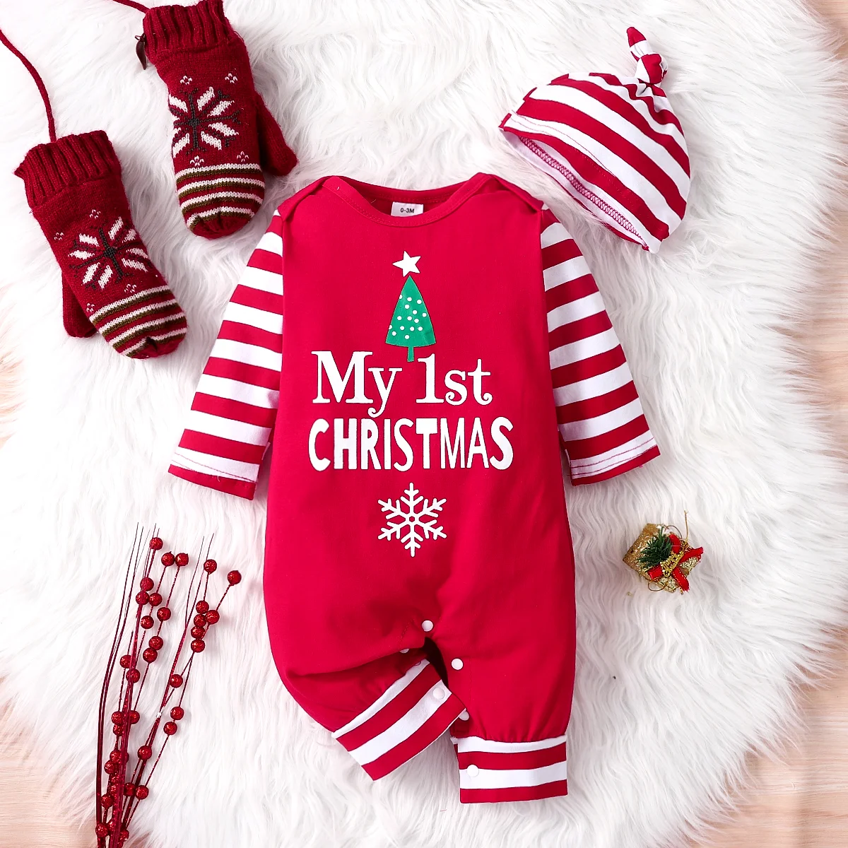 0-18 Months Spring Autumn Baby Boys And Girls Christmas Day Style Monogram Print Panels Striped Long Sleeve Climbing Suit