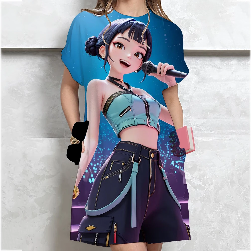 ﻿   Dames zomer nieuwe T-shirtjurk met korte mouwen Kpop Demon Hunters Huntrix losse halflange overknee-jurk