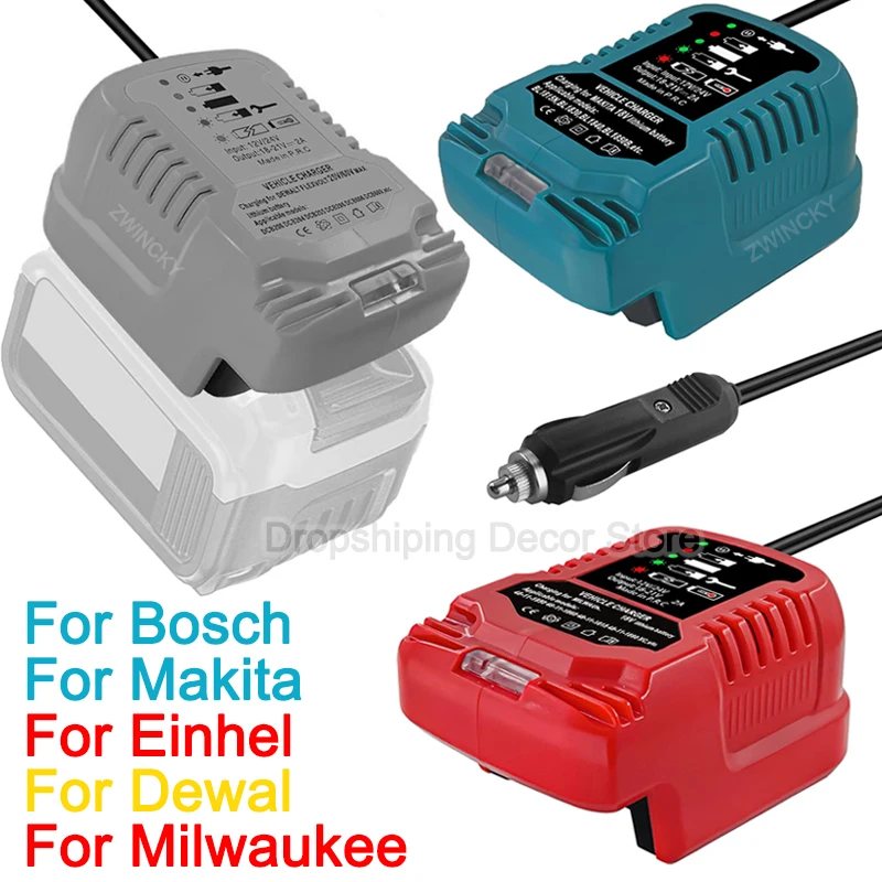 For Makita/Dewal/Milwaukee/Bosch 18V Battery Charger Portable Compact Charger Cigarette Lighter Plug Car Charger with Indicator