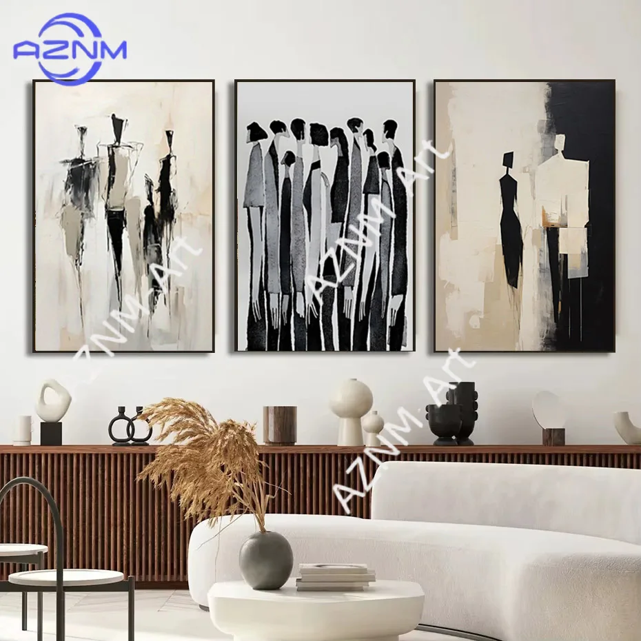 Modern Abstract Figure Wall Art Prints - Minimalist Black & 