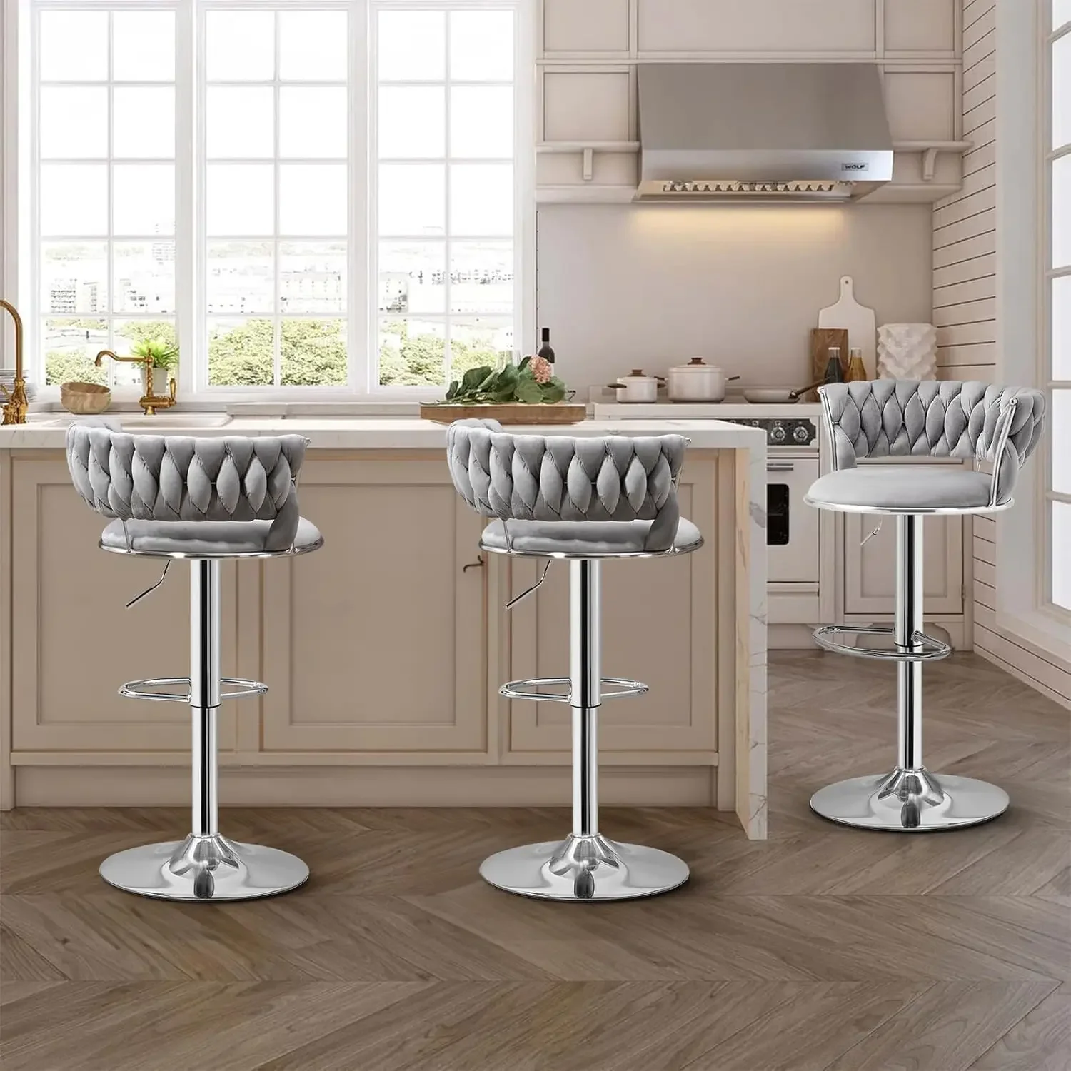 Gray Bar Stools Set of 3, Modern 360° Swivel Barstools with Silver Base, Velvet Bar Chairs Kitchen Stool Island, Seat Height Adj