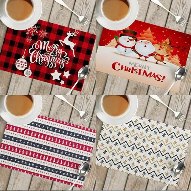 

Popular Natural Linen Burlap Christmas Elk Tree Printed Place Table Mat Cloth Coaster Pad Cup Coffee Tea Doily Kitchen Placemat