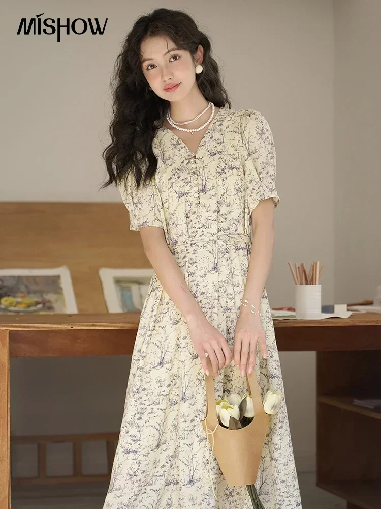 MISHOW French Floral Dresses for Women 2023 Summer V-neck Chiffon Puff Sleeve A-LINE Slim Seaside Vacation Midi Dress MXC36L1342