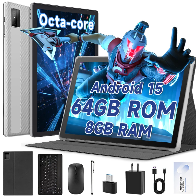 

Android 15 Tablet with Keyboard Mouse, 8GB+ 64GB(Expand to 1TB), 10.1Inch Octa-Core Tablets with Dual Camera 1280x800IPS 5000mAh