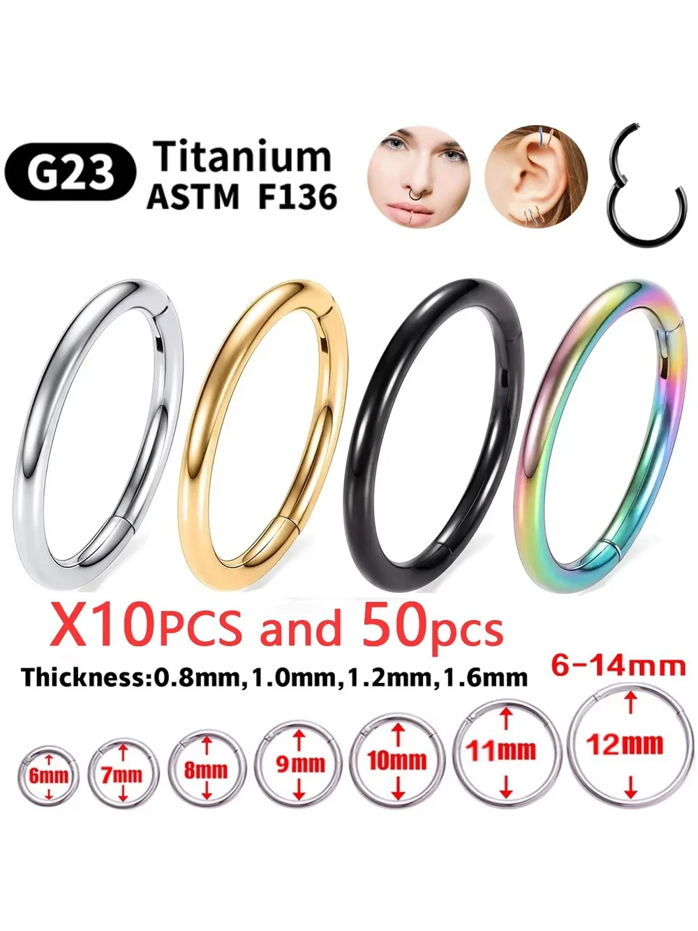 1/5 Stuks Neus Ringen G23 Titanium Lip Ring Voor Vrouwen En Mannen Piercing Sieraden Hoepel Oorbellen Gemengde Kleur Lichaam Clips Scharnierend - afbeelding 2