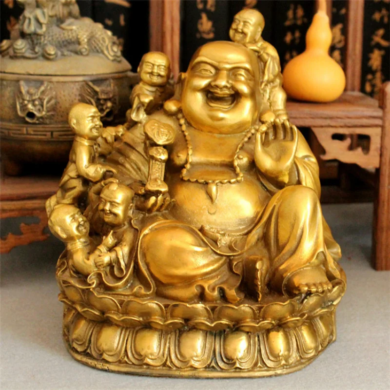 Five-Character , Laughing Statue, Maitreya , Brass Buddha Ornament for Good Fortune