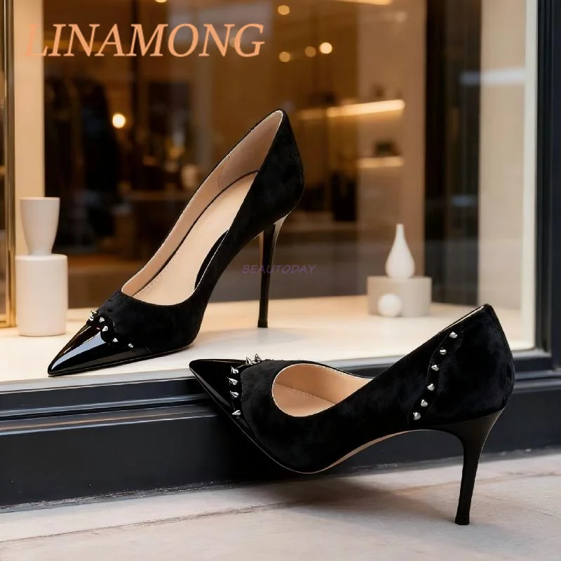 Riveted High Heels Color Blocking and Leather Splicing Design Fashionable and Simple One Foot Toe Pointed Slim High Heels