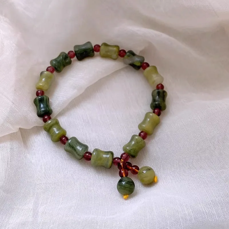 100% Natural Jade Stone & Red Garnet Trendy Bamboo Joint Design Ladies Charm Bracelet Jewelry For Women New Year Gifts