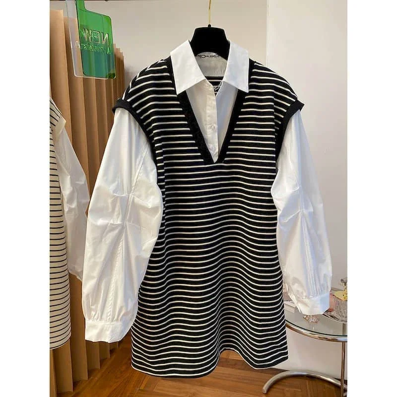 

Shirts for Women Polo-neck Korean Style Oversized Vest Patchwork Fake Two Pieces Hoodies Long Sleeved Casual Striped Women Tops
