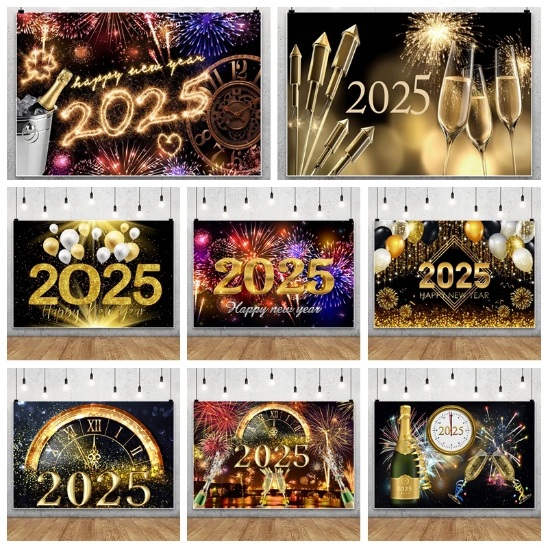 

2025 Happy New Year Backdrop Photography Firework Champagne Carnival Party Decor Background Photo Photographic for Studio Shoots