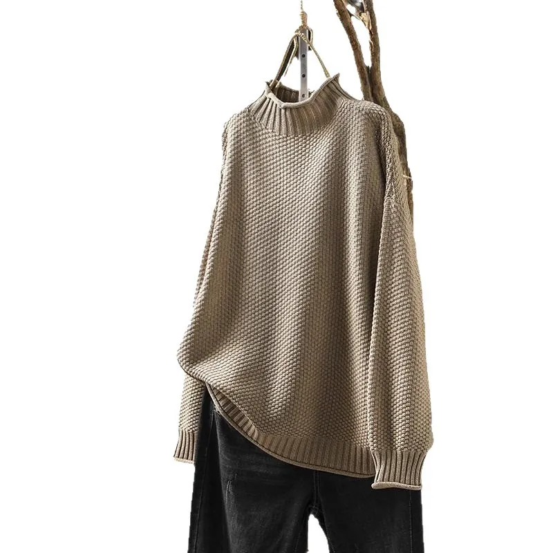 Czerwony Artystyczny Retro Sweter z Wysokim Kołnierzem Luźny Casualowy Sweter Dzianinowy Damski Jesienno-Zimowy z Dodatkiem Aksamitu jako Warstwa Bazowa