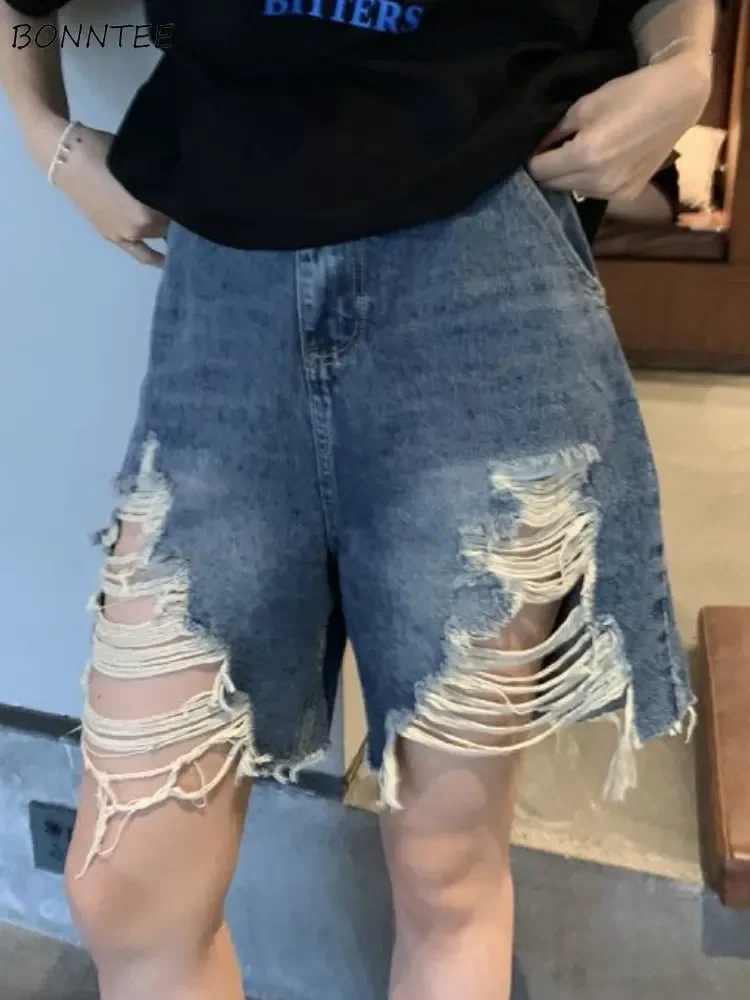 

Hole Denim Shorts Women Ripped Vintage Cool Summer Streetwear Unisex Baggy Mujer American Style Casual Basics High Waist Daily