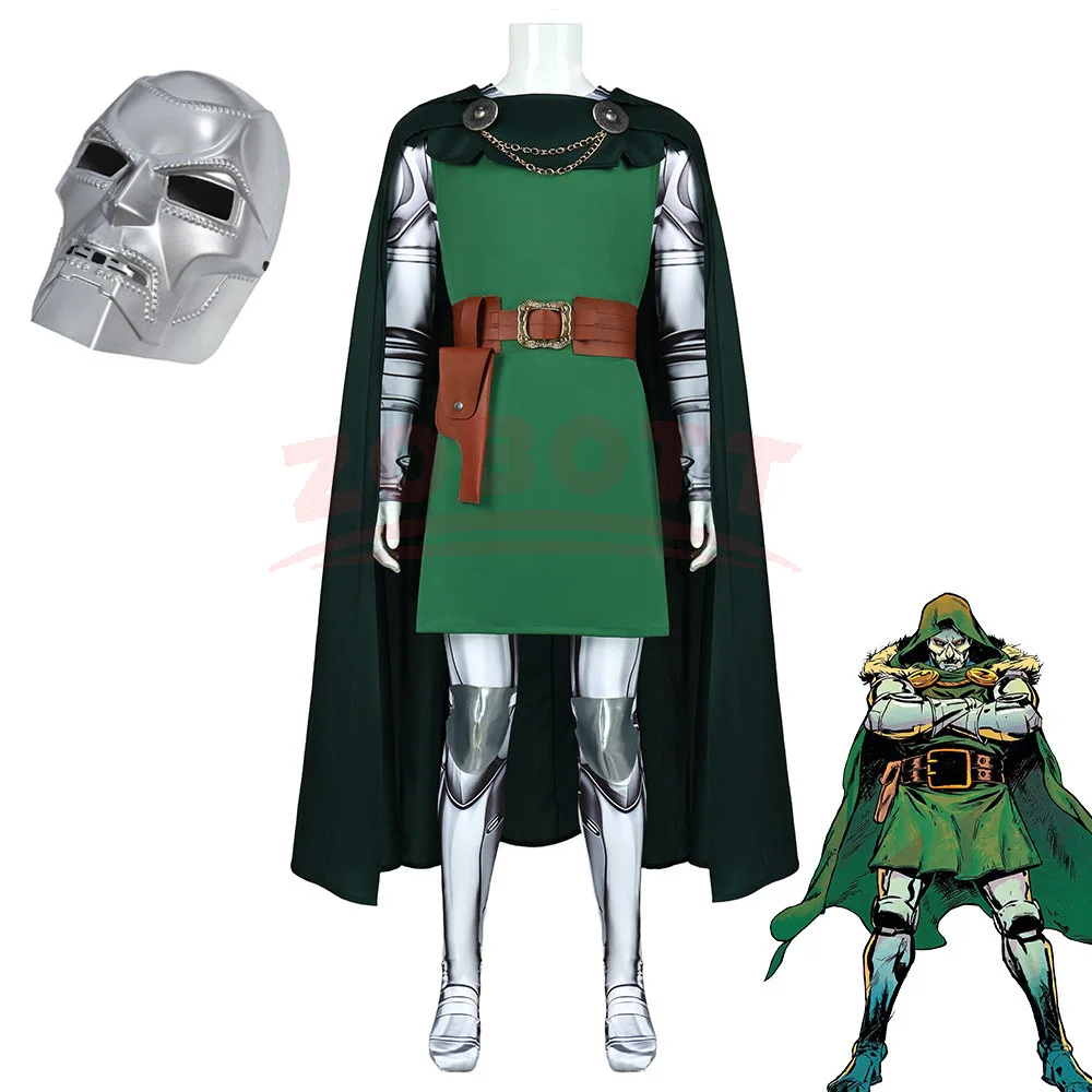 Erwachsenen-Männerkostüm Doctor Doom Cosplay Filmkostüm Tag des Untergangs Grüner Umhang Komplettes Outfit Verkleidungsanzug für Halloween, Karneval, Bühnenauftritt